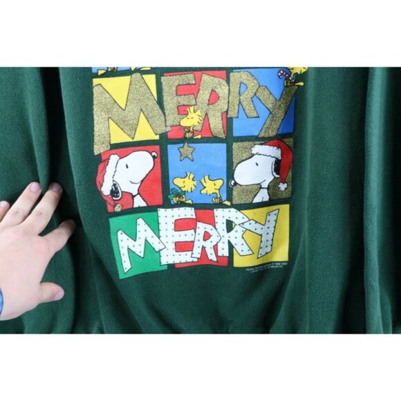 Vintage 90s Peanuts Womens XL Faded Snoopy Merry Christmas Sweatshirt Green USA - Picture 5 of 9